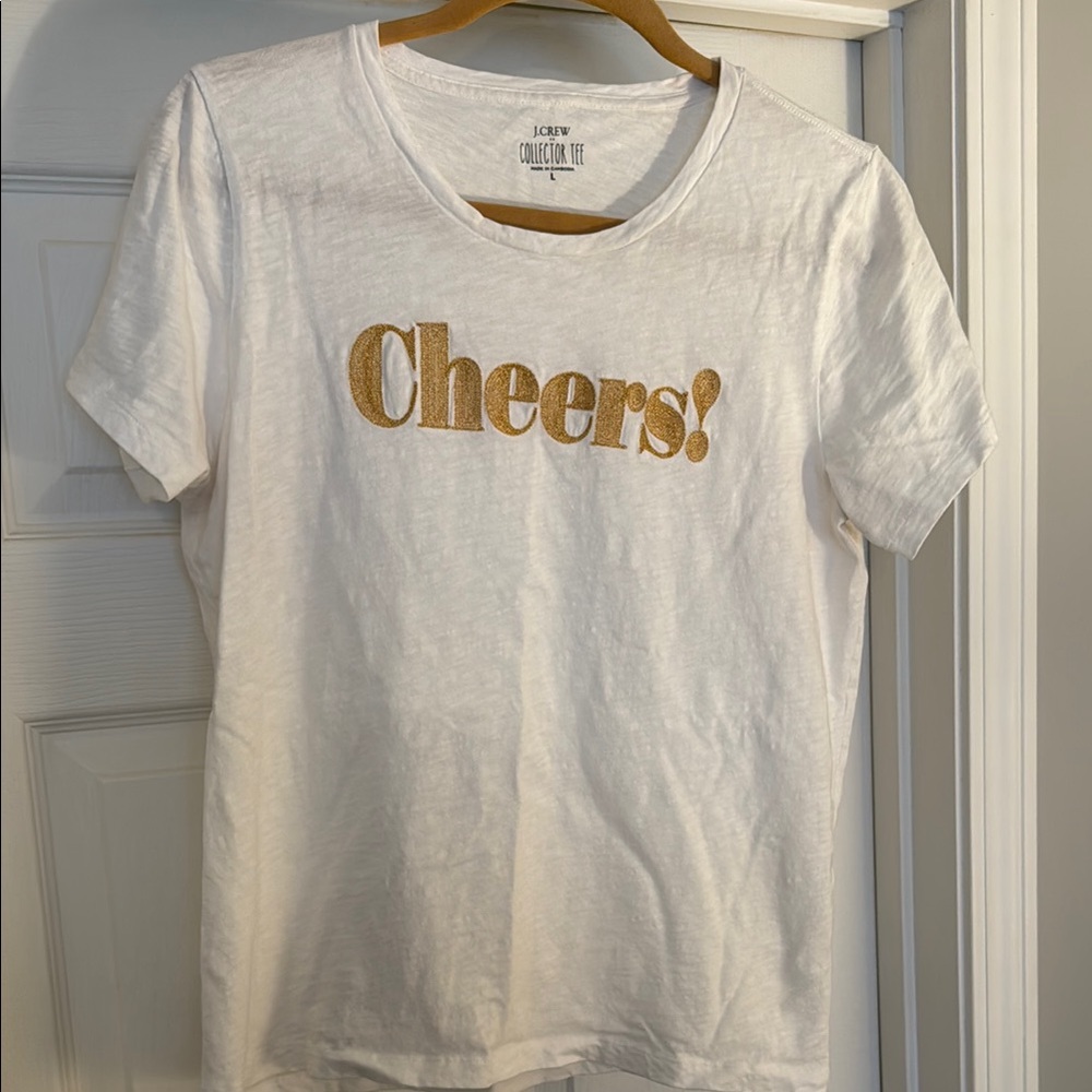 J.Crew White Tee with Gold 'Cheers!' Print